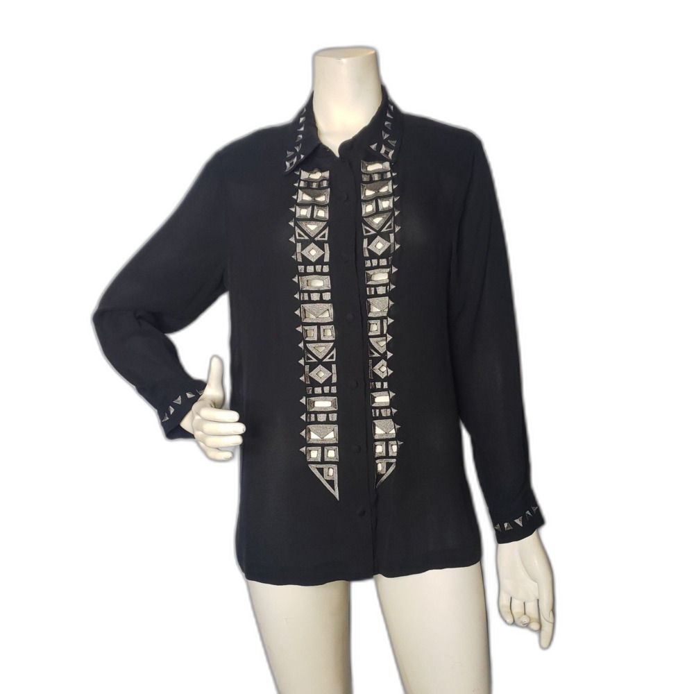 Bob Mackie Silk Black Button-Down Shirt with Silver Embellishment